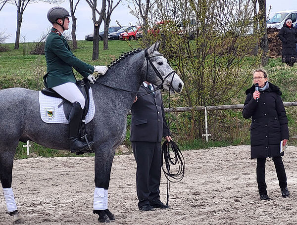 Ein Schimmel mit Reiter, davor steht eine Person mit Mikrofon