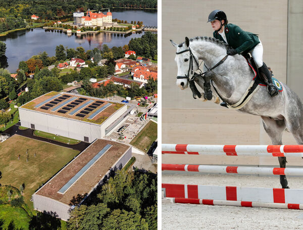 Luftaufnahme der neuen Reithalle und Pferd am Sprung
